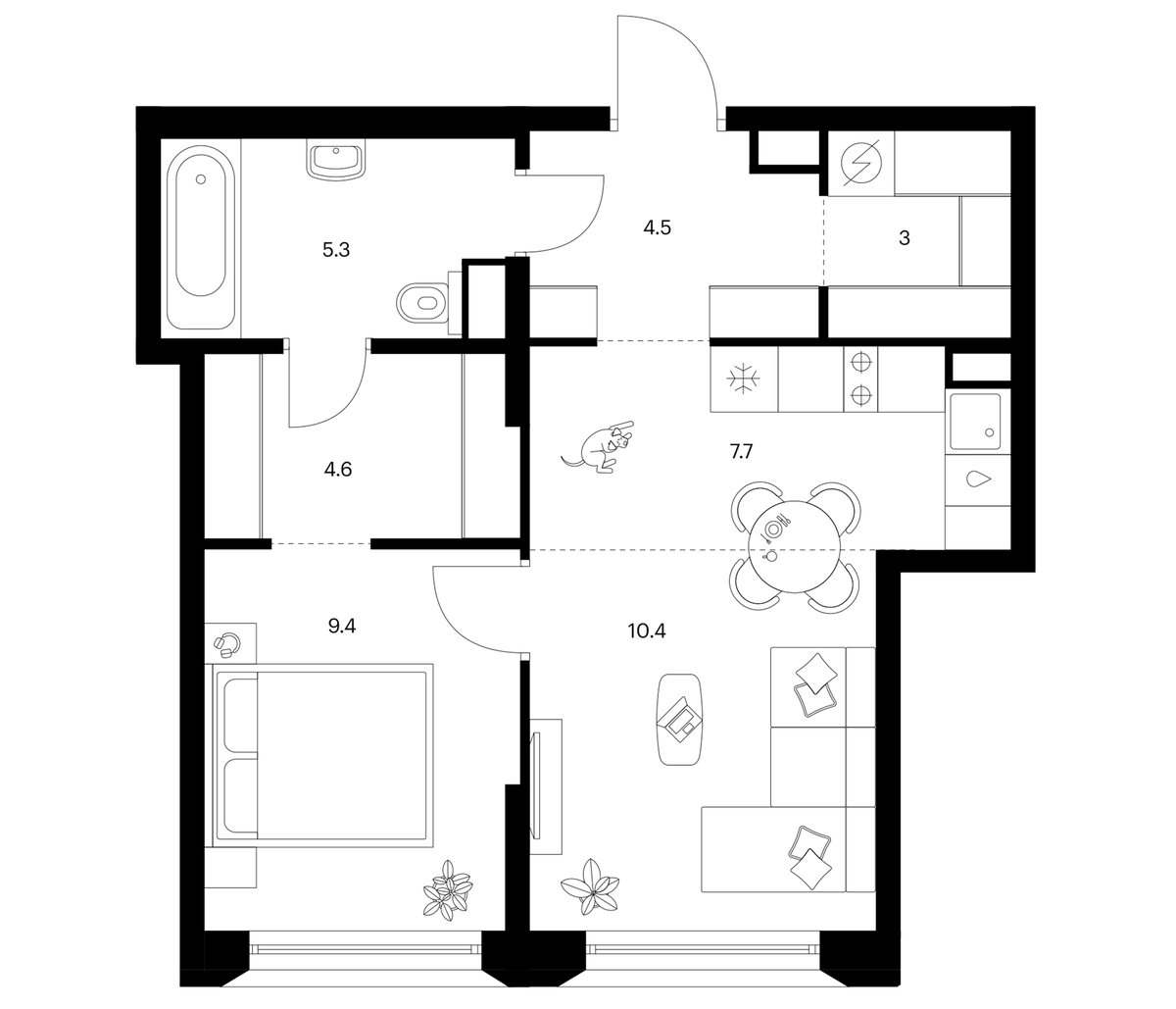 Планировка евродвушка (2Е) 44.9 м² в ЖК «Москворечье», корпус 1.3