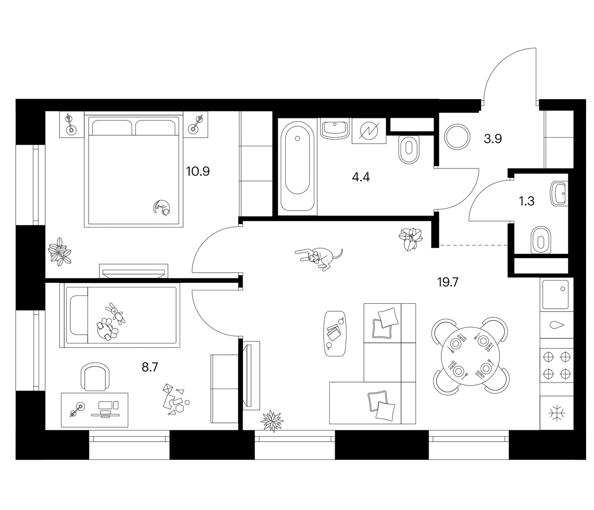 Планировка двухкомнатная 48.9 м² в ЖК «Москворечье», корпус 2.3