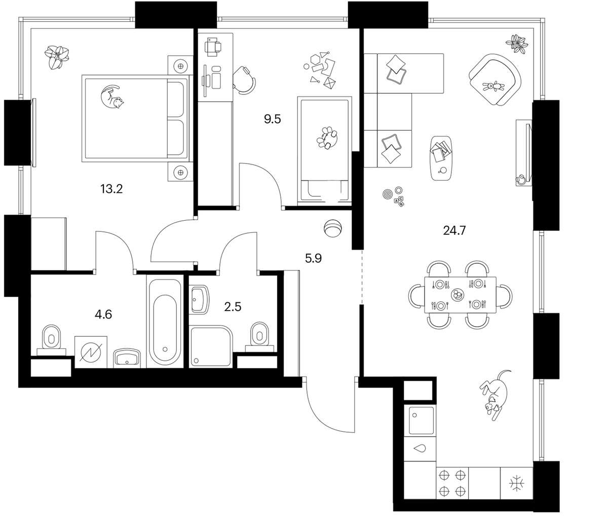 Планировка двухкомнатная 60.4 м² в ЖК «Москворечье», корпус 1.3