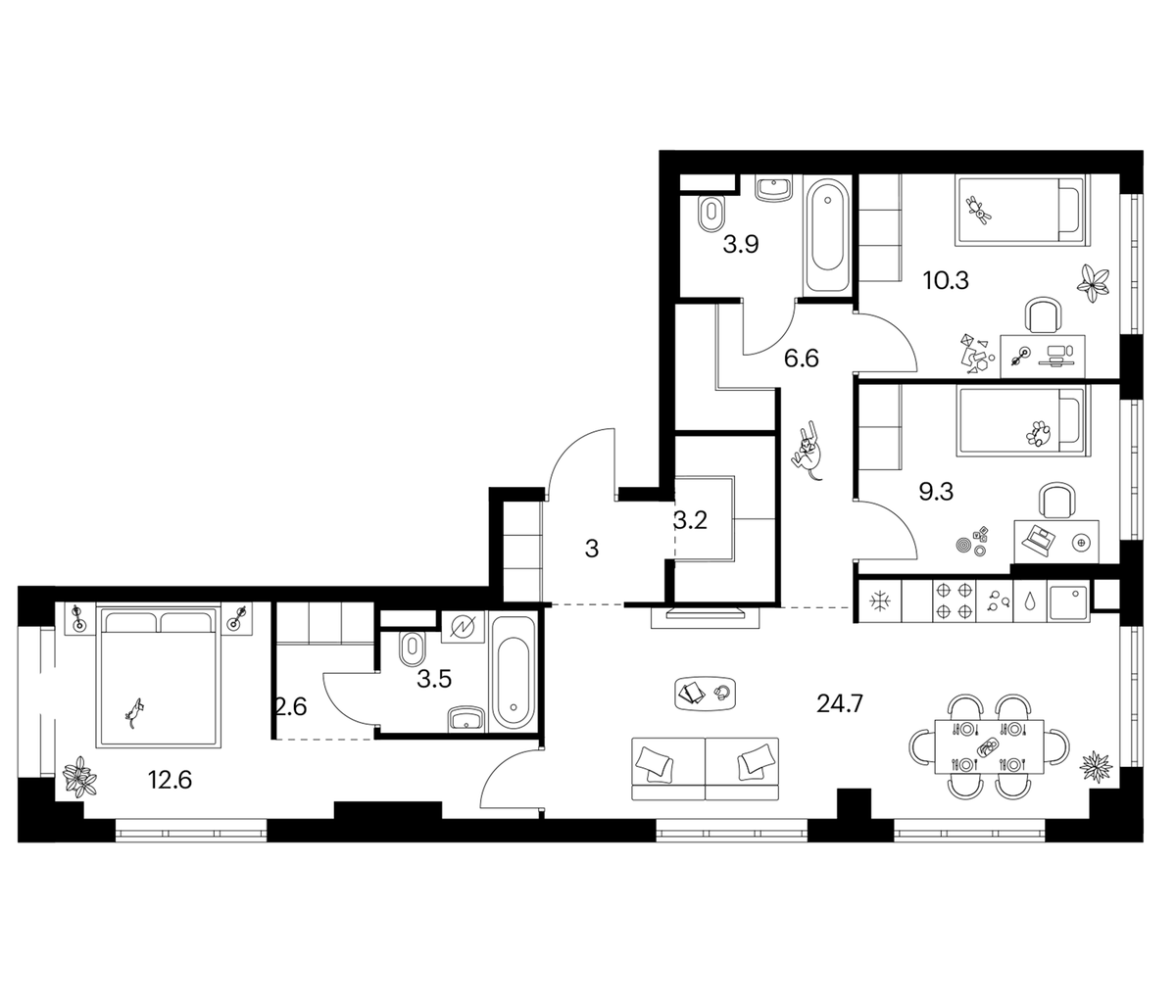 Планировка трёхкомнатная 79.7 м² в ЖК «Москворечье», корпус 2.3