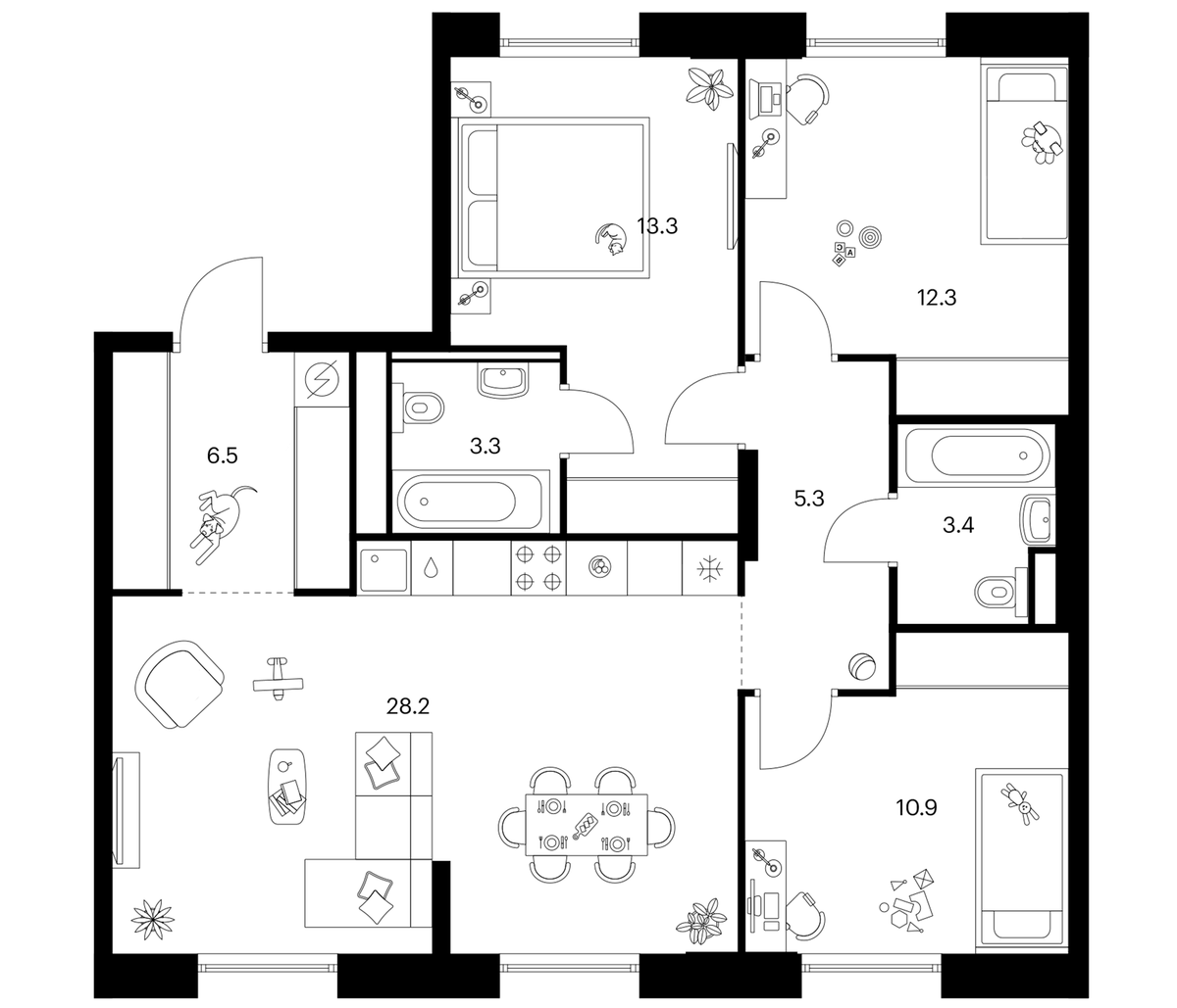 Планировка трёхкомнатная 83.2 м² в ЖК «Москворечье», корпус 1.3