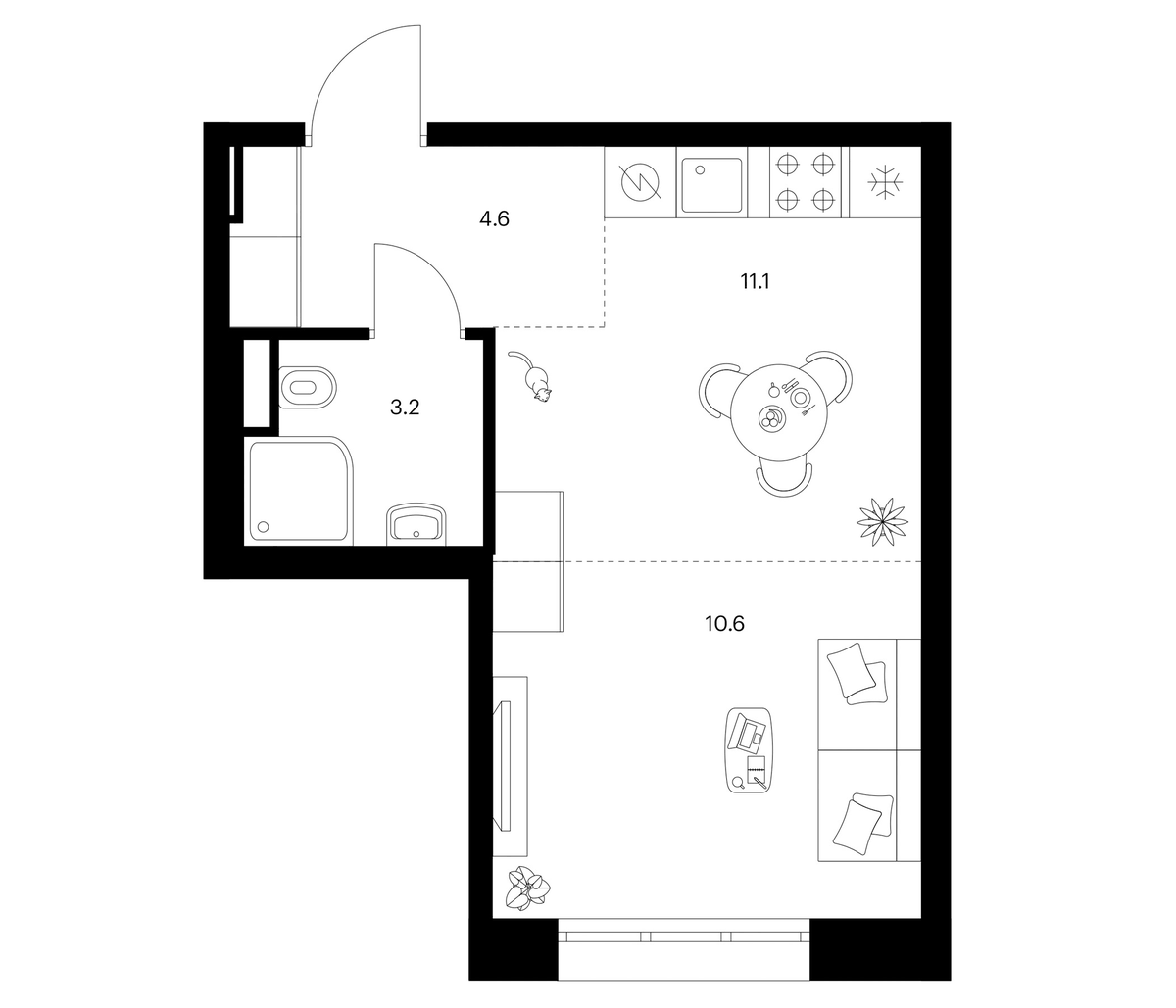 Планировка Студии 29.5 м² в ЖК «Москворечье», корпус 2.3