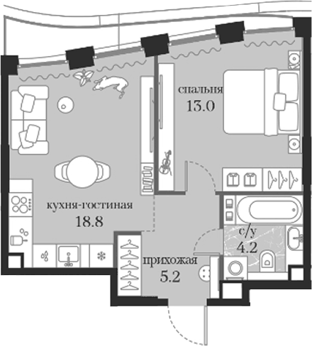 Планировка однокомнатная 41.2 м² в ЖК «Муза», корпус 1