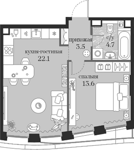Планировка однокомнатная 43.9 м² в ЖК «Муза», корпус 1