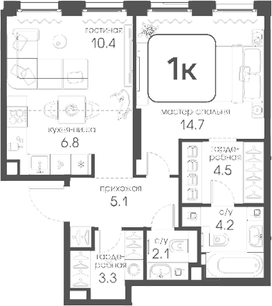 Планировка однокомнатная 51.1 м² в ЖК «Муза», корпус 2