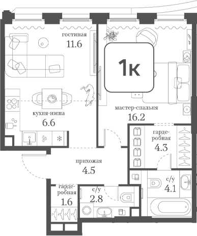 Планировка однокомнатная 51.7 м² в ЖК «Муза», корпус 2