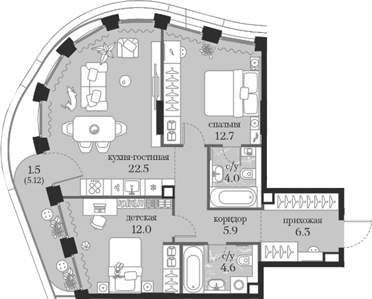 Планировка двухкомнатная 69.5 м² в ЖК «Муза», корпус 1
