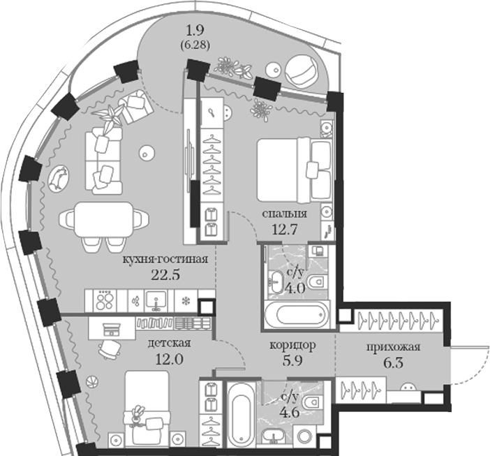 Планировка двухкомнатная 69.9 м² в ЖК «Муза», корпус 1