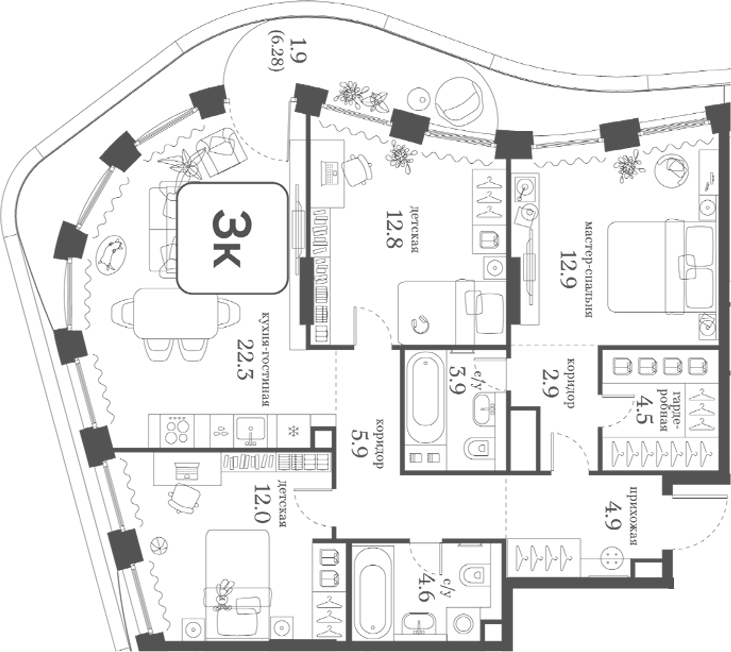 Планировка трёхкомнатная 88.6 м² в ЖК «Муза», корпус 1