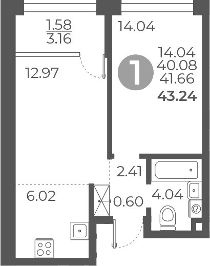 Планировка однокомнатная 43.24 м² в ЖК «Мневники от Гранель», корпус 1