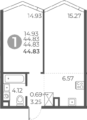 Планировка евродвушка (2Е) 44.83 м² в ЖК «Мневники от Гранель», корпус 1
