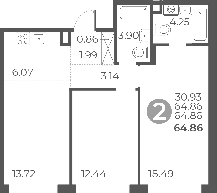 Планировка двухкомнатная 64.86 м² в ЖК «Мневники от Гранель», корпус 1