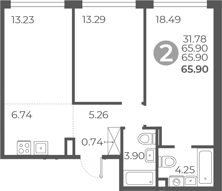 Планировка двухкомнатная 65.9 м² в ЖК «Мневники от Гранель», корпус 1