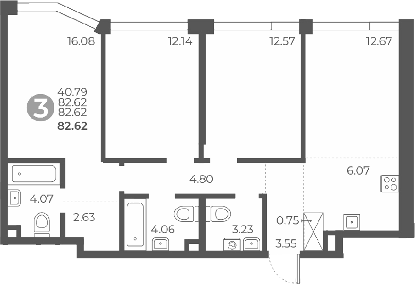 Планировка евро-4 (4Е) 82.62 м² в ЖК «Мневники от Гранель», корпус 1
