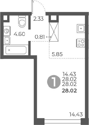 Планировка Студии 28.02 м² в ЖК «Мневники от Гранель», корпус 1