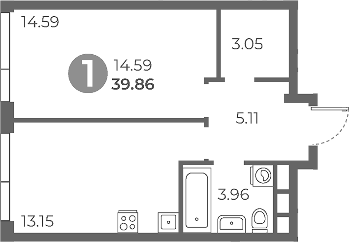 Планировка однокомнатная 39.86 м² в ЖК «Нижегородская от Гранель», корпус 1