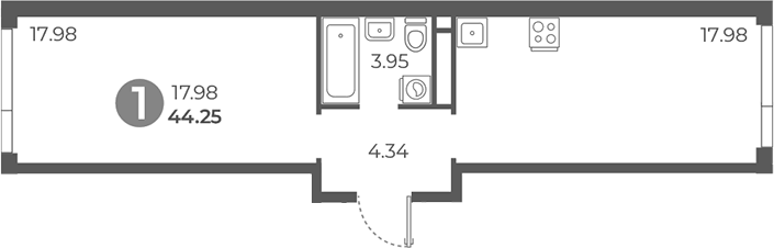 Планировка однокомнатная 44.25 м² в ЖК «Нижегородская от Гранель», корпус 1