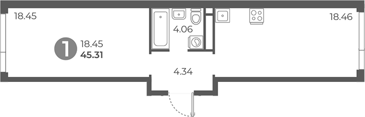 Планировка однокомнатная 45.31 м² в ЖК «Нижегородская от Гранель», корпус 1
