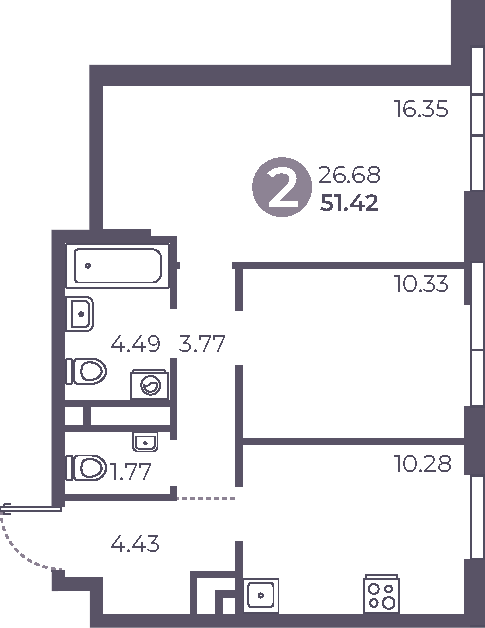 Планировка двухкомнатная 51.42 м² в ЖК «Нижегородская от Гранель», корпус 1