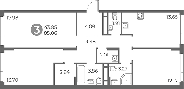 Планировка трёхкомнатная 85.06 м² в ЖК «Нижегородская от Гранель», корпус 1
