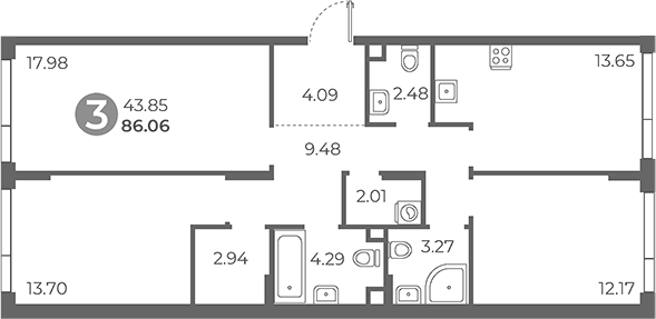 Планировка трёхкомнатная 86.06 м² в ЖК «Нижегородская от Гранель», корпус 1