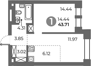 Планировка однокомнатная 43.71 м² в ЖК «Павелецкая от Гранель», корпус 2