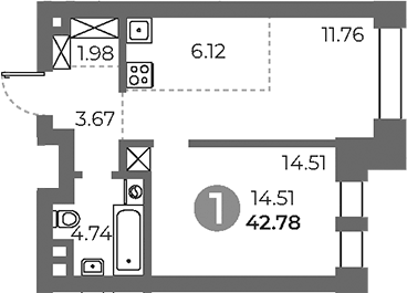 Планировка евродвушка (2Е) 42.78 м² в ЖК «Павелецкая от Гранель», корпус 2