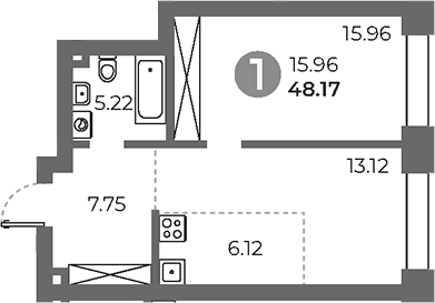 Планировка евродвушка (2Е) 48.17 м² в ЖК «Павелецкая от Гранель», корпус 2