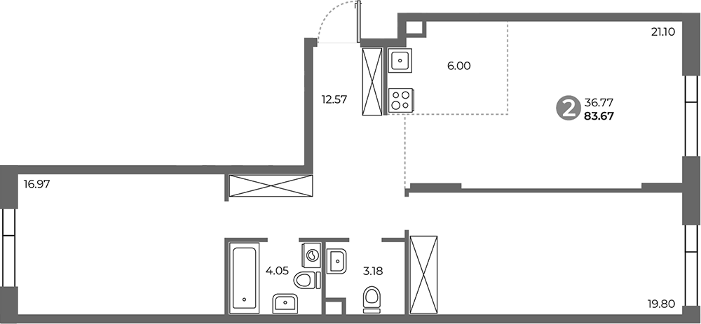 Планировка евротрёшка (3Е) 83.67 м² в ЖК «Павелецкая от Гранель», корпус 2
