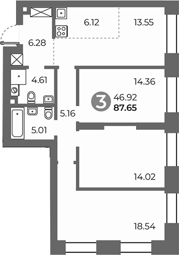 Планировка трёхкомнатная 87.65 м² в ЖК «Павелецкая от Гранель», корпус 2