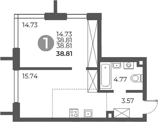 Планировка однокомнатная 38.81 м² в ЖК «Дубровка от Гранель», корпус 2