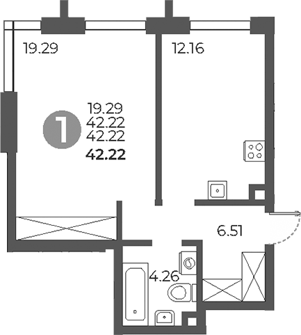 Планировка однокомнатная 42.22 м² в ЖК «Дубровка от Гранель», корпус 2
