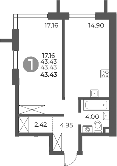 Планировка однокомнатная 43.43 м² в ЖК «Дубровка от Гранель», корпус 2
