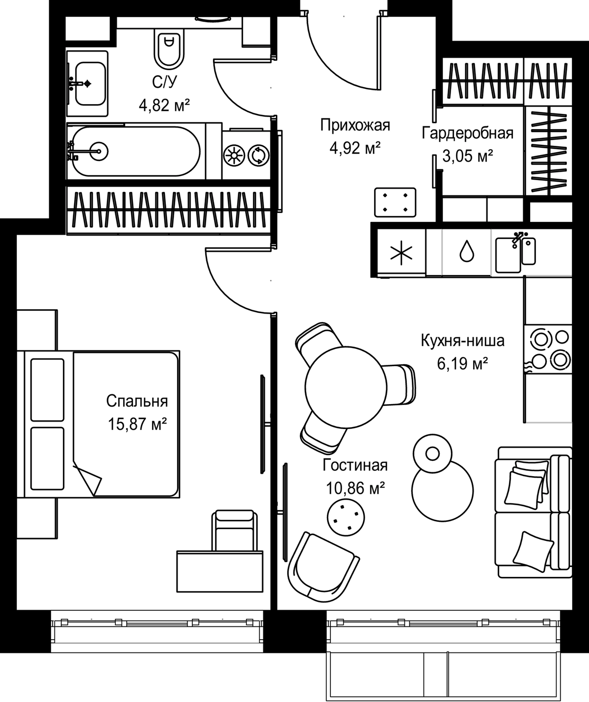Планировка евродвушка (2Е) 45.71 м² в ЖК «МЫС», корпус Дом Алтай