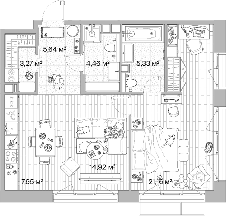 Планировка евродвушка (2Е) 62.43 м² в ЖК «МЫС», корпус Дом Сибирь