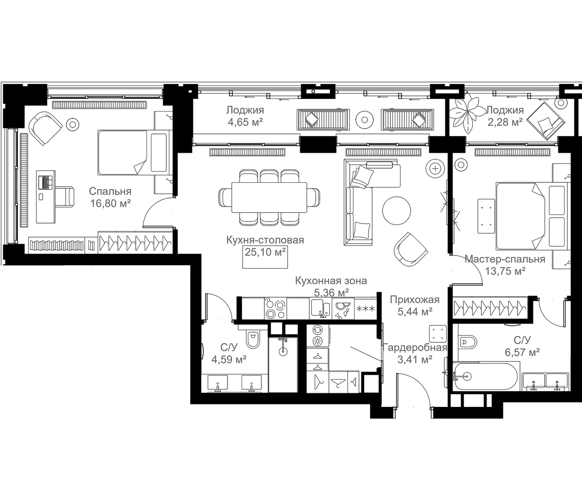 Планировка двухкомнатная 87.95 м² в ЖК «МЫС», корпус Клубный дом Юг - 8