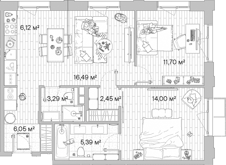 Планировка евротрёшка (3Е) 65.49 м² в ЖК «МЫС», корпус Дом Волга