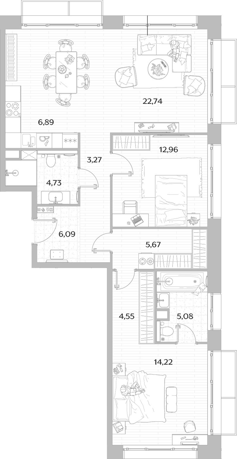 Планировка евротрёшка (3Е) 86.2 м² в ЖК «МЫС», корпус Дом Карелия