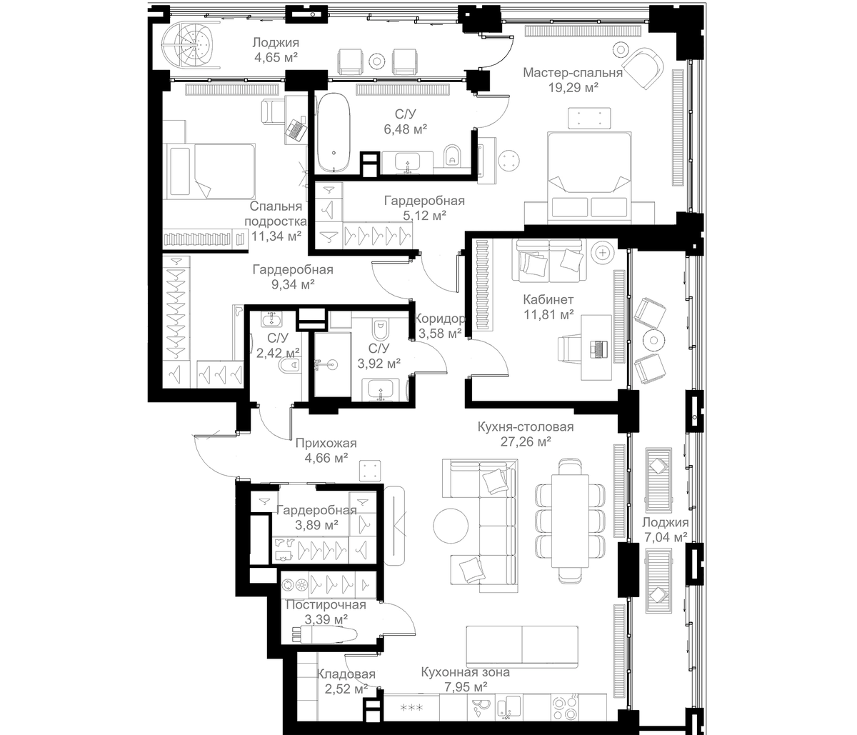 Планировка трёхкомнатная 134.66 м² в ЖК «МЫС», корпус Клубный дом Юг - 9