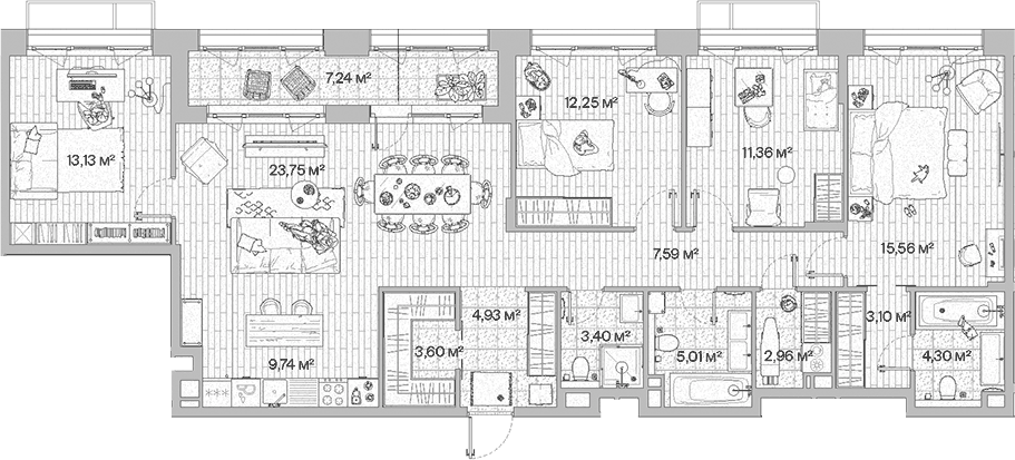Планировка 5Е-к.кв 124.3 м² в ЖК «МЫС», корпус Дом Сибирь