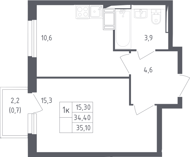 Планировка однокомнатная 35.1 м² в ЖК «Мытищи Парк», корпус 4.1