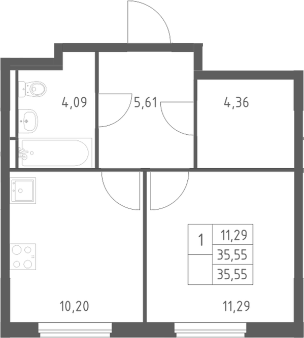 Планировка однокомнатная 35.55 м² в ЖК «Мытищи Парк», корпус 6