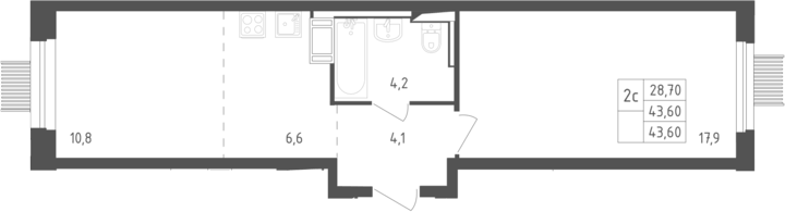 Планировка евродвушка (2Е) 43.6 м² в ЖК «Мытищи Парк», корпус 4.2