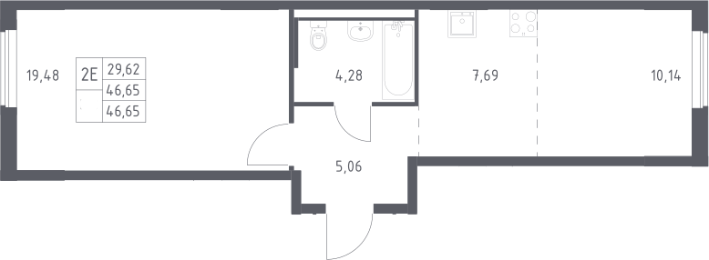 Планировка евродвушка (2Е) 46.65 м² в ЖК «Мытищи Парк», корпус 6