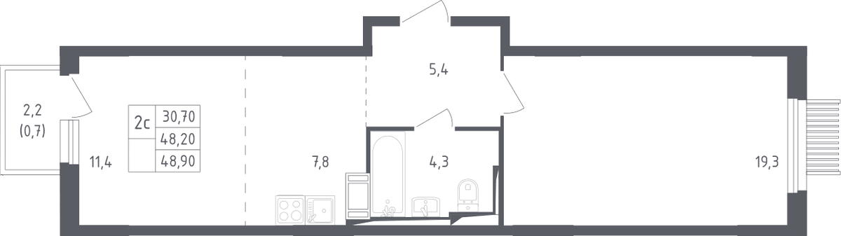 Планировка евродвушка (2Е) 48.9 м² в ЖК «Мытищи Парк», корпус 4.1