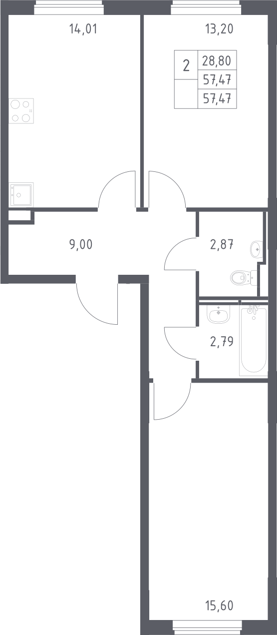 Планировка двухкомнатная 57.47 м² в ЖК «Мытищи Парк», корпус 6