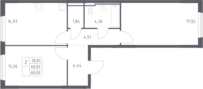 Планировка двухкомнатная 60.03 м² в ЖК «Мытищи Парк», корпус 6