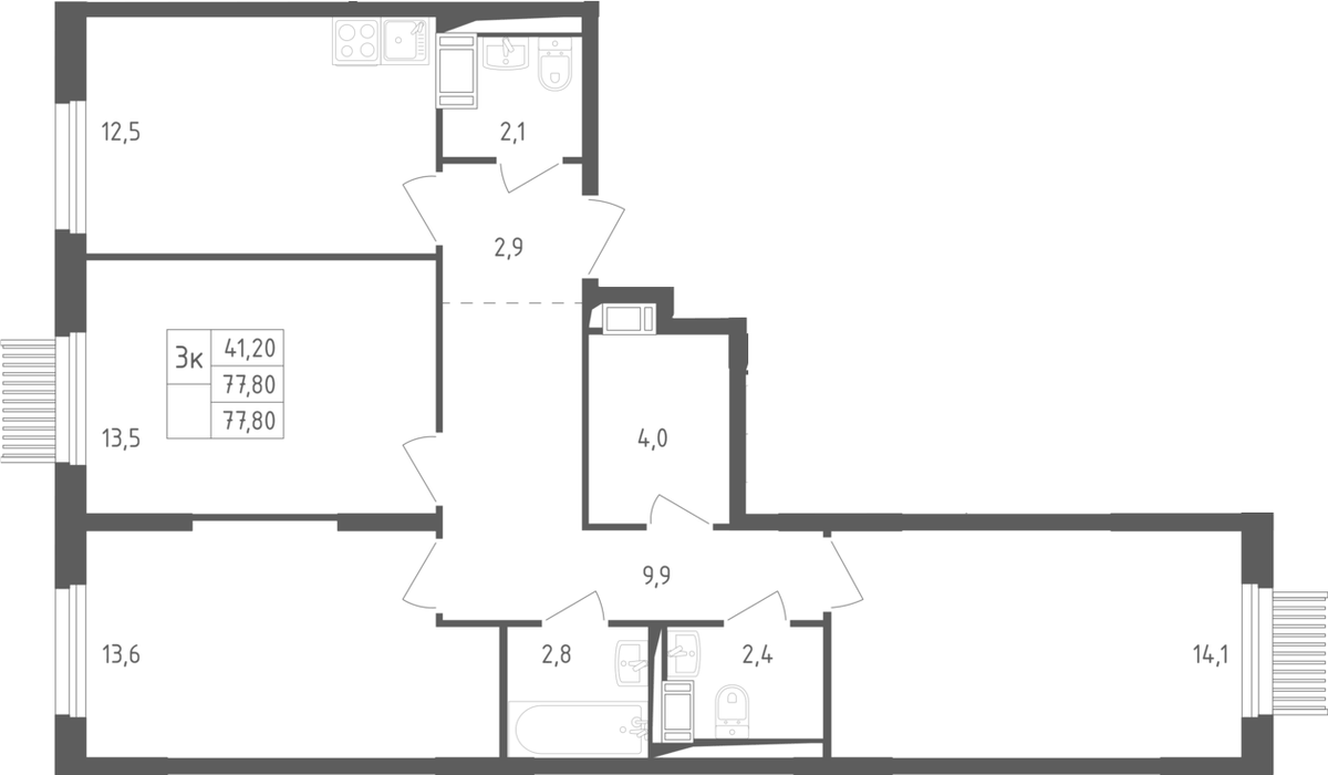 Планировка трёхкомнатная 76.8 м² в ЖК «Мытищи Парк», корпус 4.1