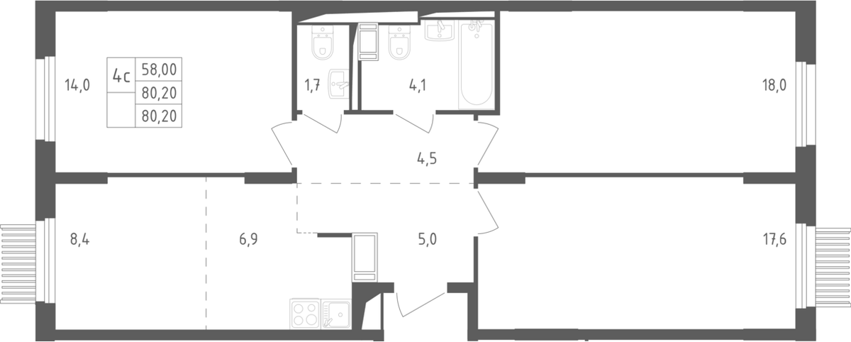 Планировка евро-4 (4Е) 78.7 м² в ЖК «Мытищи Парк», корпус 4.1