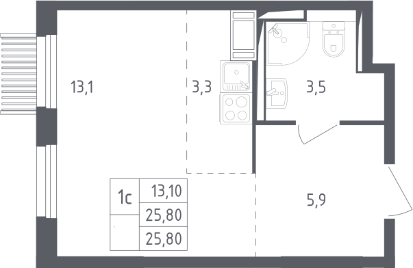 Планировка Студии 25.8 м² в ЖК «Мытищи Парк», корпус 4.1